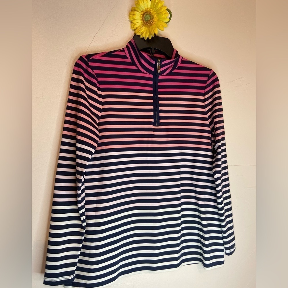 Charter Club~Classic Fit Ombré Stripe Pullover~1/4 Gold Zip~Long Sleeve~Size PM
